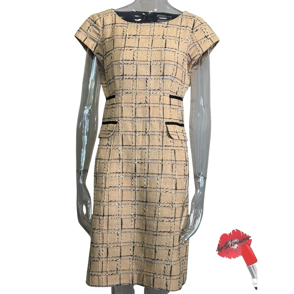 Tory Burch Evie‎ Career Dress Size 10 Woven Neutral Tan Blue Quiet Luxury